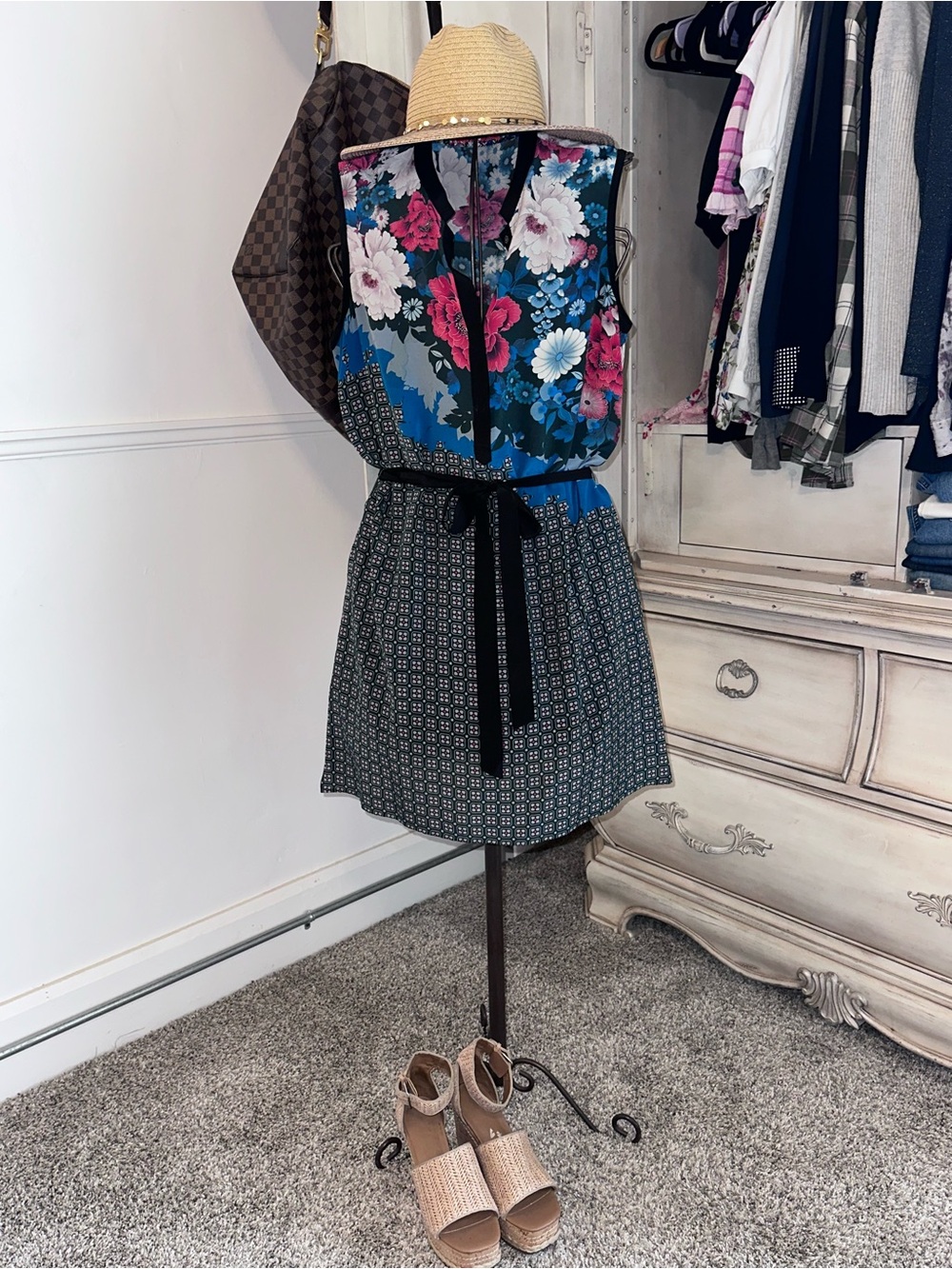 Robert Graham Blue, Pink & Black Floral Belted Mini Dress